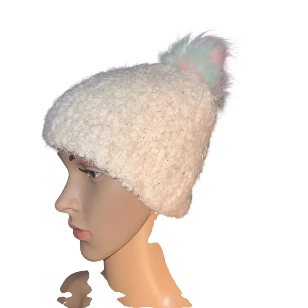 Old Navy Pastel Pom Eyelash Sequin Cableknit Beanie Thermal Lined Fairy Goth Y2K